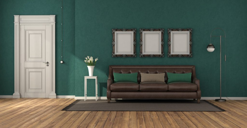 Green classic living room with leather sofa