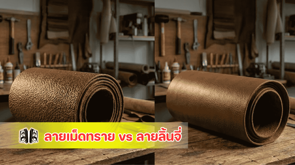 เปรียบเทียบหนังเทียมหุ้มตู้ลำโพงลายเม็ดทรายและลายลิ้นจี่ แสดงความต่างของผิวสัมผัสและการพรางรอยต่อ